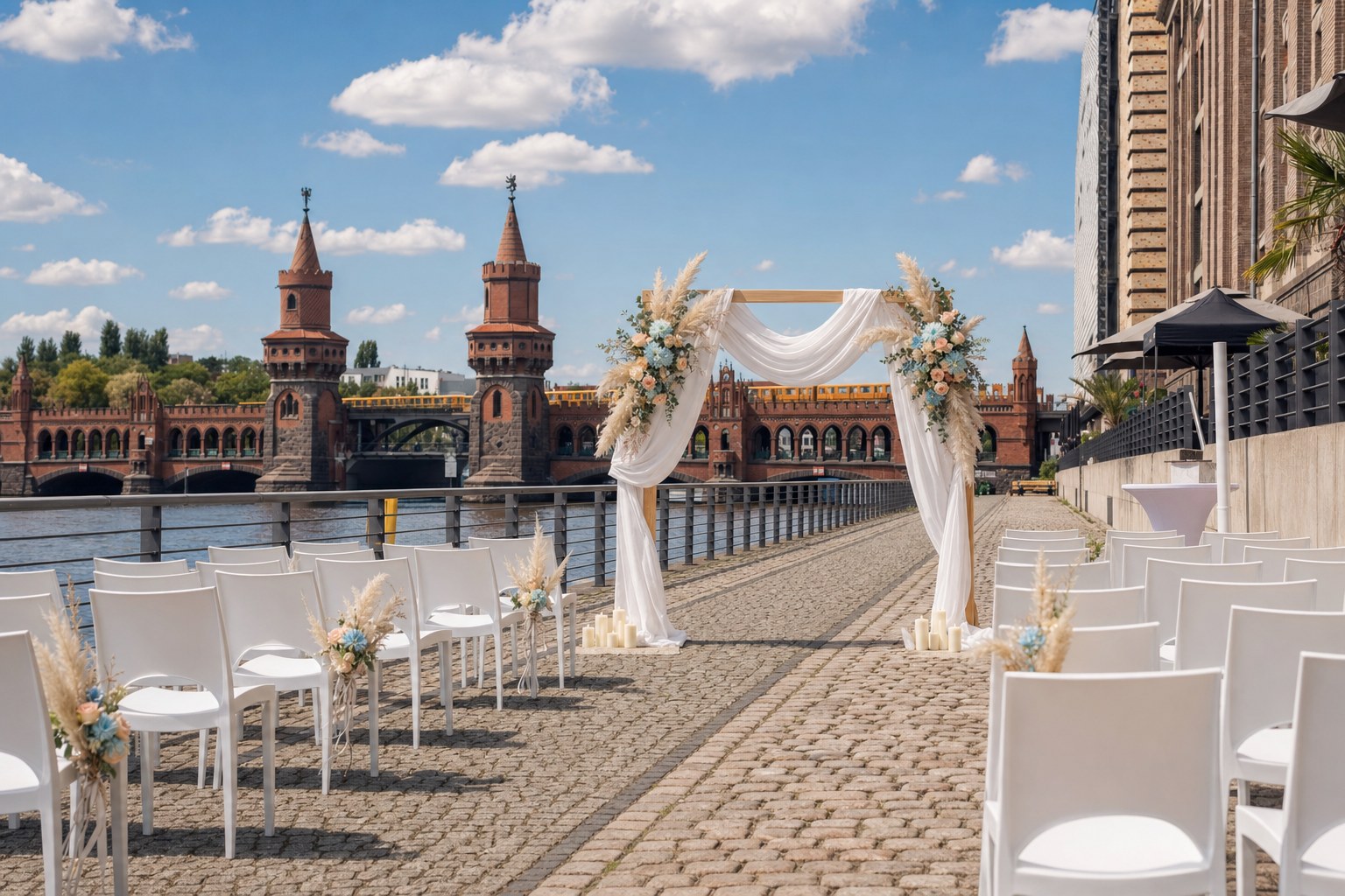 Freie Trauung mit Traubogen an der Spree vor der Oberbaumbrücke (KI-generierte Darstellung)