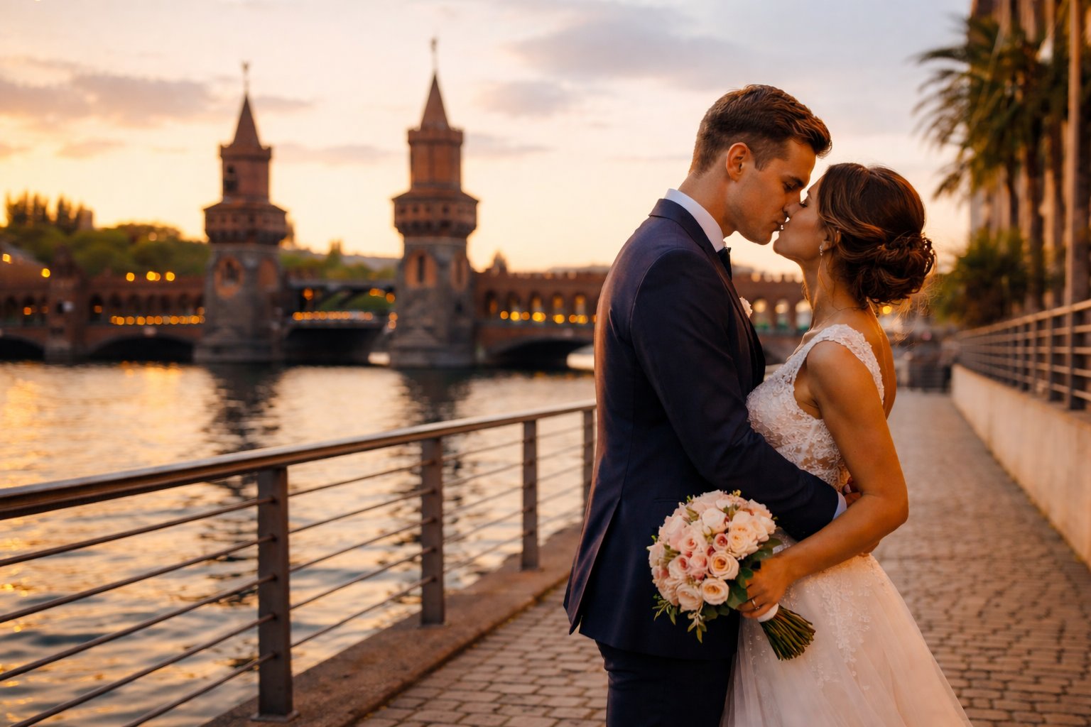 Brautpaar küsst sich bei Sonnenuntergang an der Spree vor der Oberbaumbrücke (KI-generierte Darstellung)